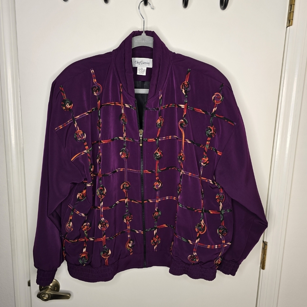 Vintage Oleg Cassini Purple Embroidered Bomber Jacket Size M